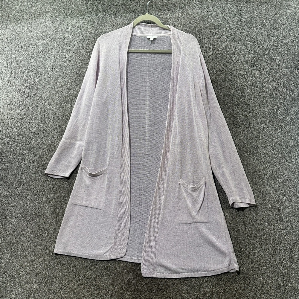 J Jill Lavender Linen Blend Open Front Long Cardigan Women Large Pockets
